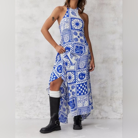 Ecote Janet Tie-Back Flowy Bohemian Asymmetrical Midi Dress, Blue & White Motif - Picture 1 of 15